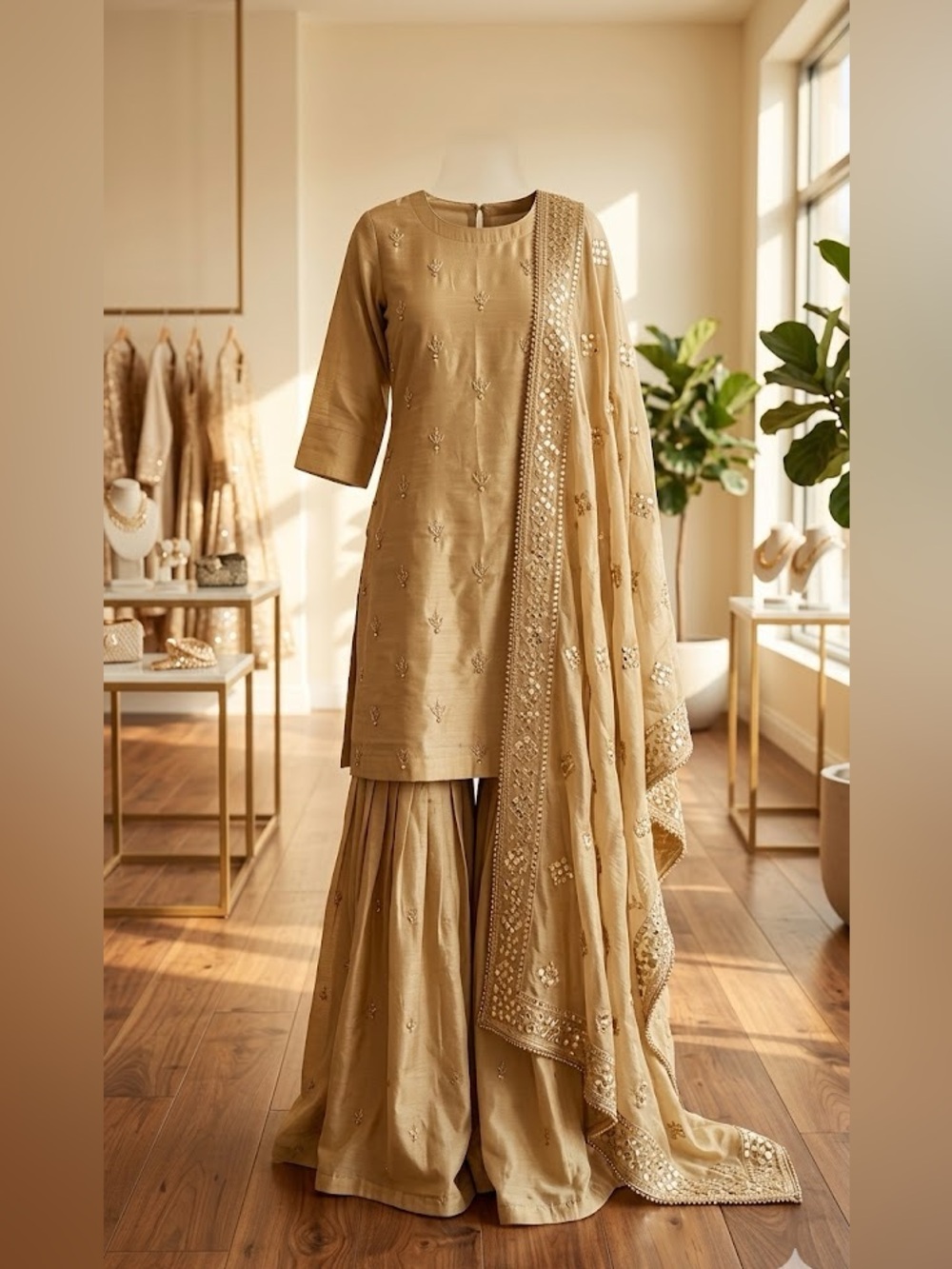 Elegant Muted Gold Silk Sharara Set
Product Description | Size Medium